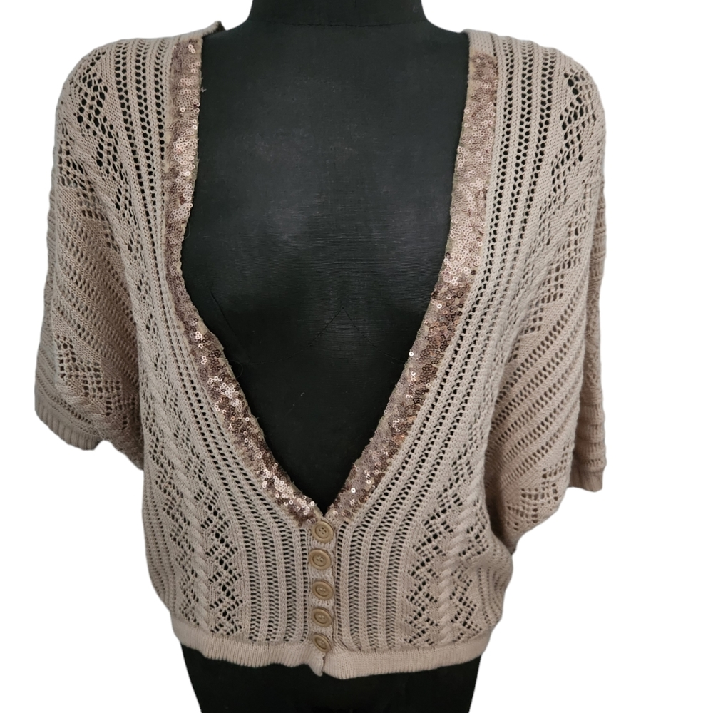 POL Sequin Trim Lightweight Shirt Sleeve Button Over Cardigan sz L